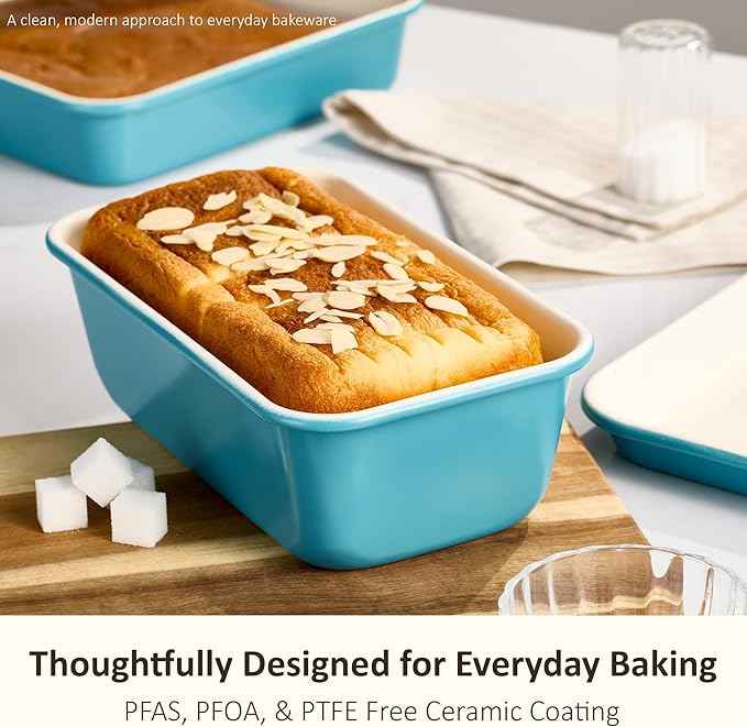 CAROTE 6-Piece Nonstick Ceramic Baking Pans Set - Bakeware Sets Including Cookie Sheets for Baking, Muffin Pan, Bread Pan, Cake pan, Loaf Pan, Cooling Rack, Light Blue & Cream White