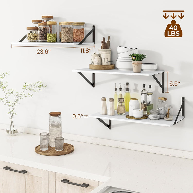 Heimlove 24" W x 12" D Wall Shelves for Books, 12 Inch Deep Floating Shelves Set of 3, Wide Floating Bookshelf with Metal Bracket for Living Room, Kitchen, Office, Bedroom and Decor Storage - White