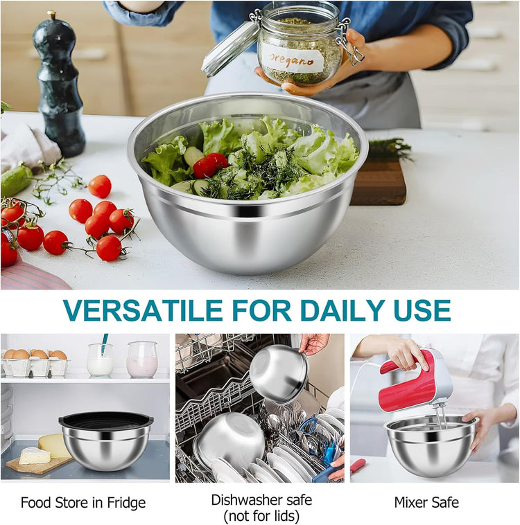 TeamFar Mixing Bowls, 4.6/3 / 1.5 QT, Stainless Steel Nesting Salad Bowls with Airtight Lids Set, For Serving/Mixing/Storing, Healthy & Long-lasting, Dishwasher Safe & Easy Clean, Black