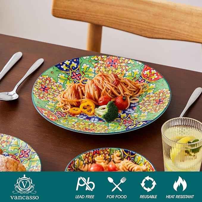 vancasso 12 Pieces Dinnerware Sets, Green Plates and Bowls Set, Porcelain Dishes Set for 4, Microwave and Dishwasher Safe, Scratch Resistant, Bohemian Style Dining Ware Service for 4, Series SIMI
