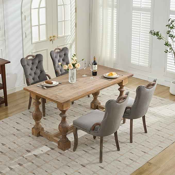 Grey Velvet Dining Chairs Set of 4,Modern Upholstered Dining Room Chairs with Tufted Back and Wood Accents, Curved Solid Wood Legs & Nailhead Trim, Sillas De Comedor Modernas 4