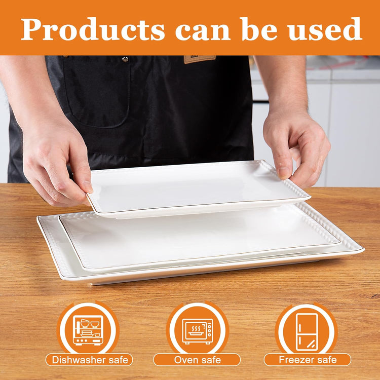 Kassel Ceramic Serving Platter Set | 16”/14”/12” Rectangular Serving Trays for Entertaining at Parties and Weddings | Oven Safe XL Serving Trays for Tacos, Steak, and Cake