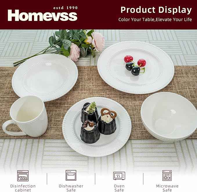 HomeVss, New Bone China Dinnerware Set, Embossed Pearl Design, 20pc Set
