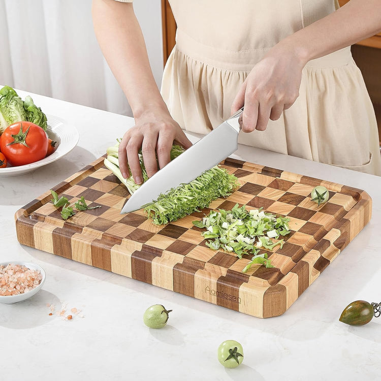 Large wood Cutting Board for Kitchen with Juice Handles , Chopping Board Cheese Charcuterie Board (Checkered cutting board)