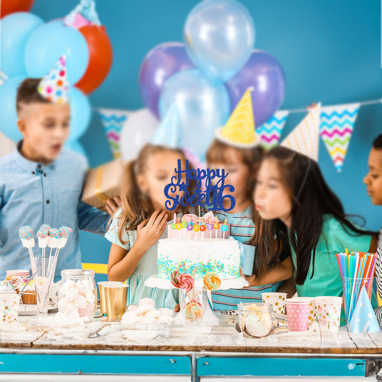 1Pc Happy Sweet 16 Cake Topper Blue Glitter Sweet 16 Birthday Cake Decoration Happy 16th Birthday Decorations for Girls Boys Party Supplies
