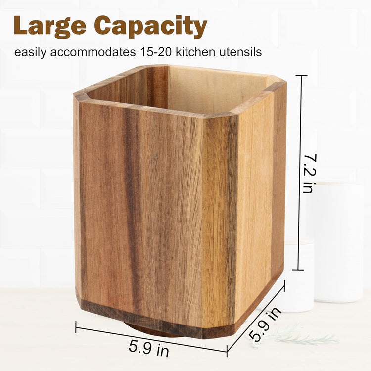 RedCall Acacia Wood Utensil Holder, 360° Rotating Large Cooking Utensil Organizer, Kitchen Tool Storage for Countertop,Spoon Spatula Holder for Kitchen Counter,Farmhouse Decor (1 Pack)