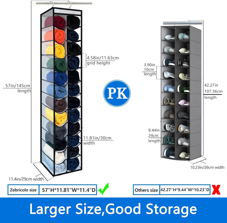 Closet Organization, 24 Section Hanging Closet Organizer, Space Saving, College Dorm Essentials, Heavy Duty Hooks Up to 45 Pounds, White/Black