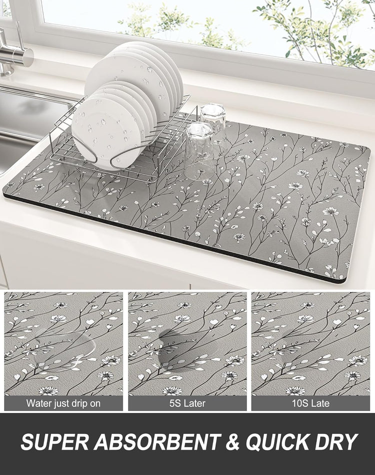 Rnivvi Dish Drying Mat for Kitchen Counter, XL 15 x 24" Cute Flower Theme Absorbent Draining Pad, Non-Slip Heat Resistant Coffee Bar Mats for Coffee Machine Station Accessories, Grey Dish Rack Pad