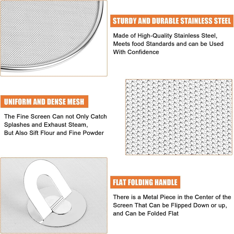 3-Pack Splatter Screens for Frying Pan - Stainless Steel Grease Splatter Guard with Foldable Knob, Ultra-Fine Mesh, Rust-Free (10", 11.5", 13") - No Oil Mess, No Burns