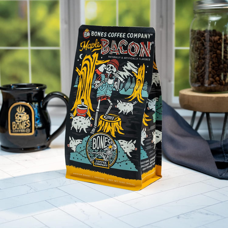Bones Coffee Company Maple Bacon, Bacon and Maple Syrup Flavored Coffee, Medium Roast Low Acid Arabica Beans Compatible with Auto drip and French Press Coffee Maker, 12 Oz Ground