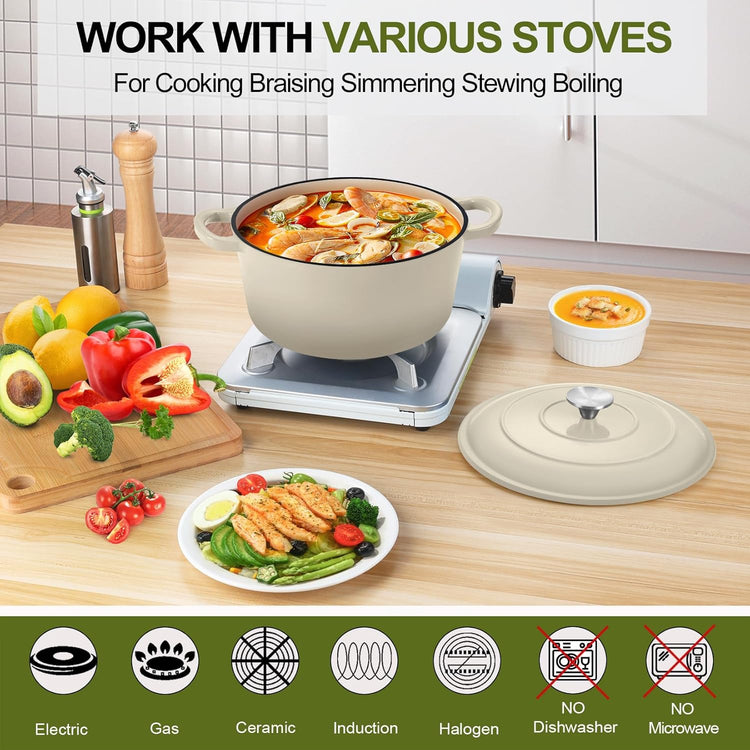 P&P CHEF 5QT Enameled Dutch Oven, Cast Iron Dutch Oven Pot with Lid for Bread Baking, Enameled Casserole Pot for Roasting Braising Stewing Frying Simmering, Various Stoves & Easy Clean, Khaki - Nestoria