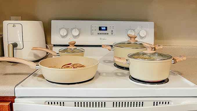 MAISON ARTS Pots and Pans Set Non Stick, Kitchen Cookware Sets Nonstick, 12 Piece Granite Cooking Pot and Pan for Induction, Stovetop, Beige