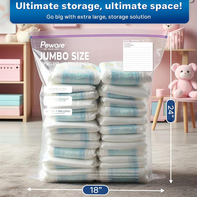 Large Storage Bags, 18"x24" Jumbo Plastic Bag, BPA Free, 5 Gallon XL Zipper Lock Baggies for Clothes Pillow Travel Moving - 50 Jumbo Bags