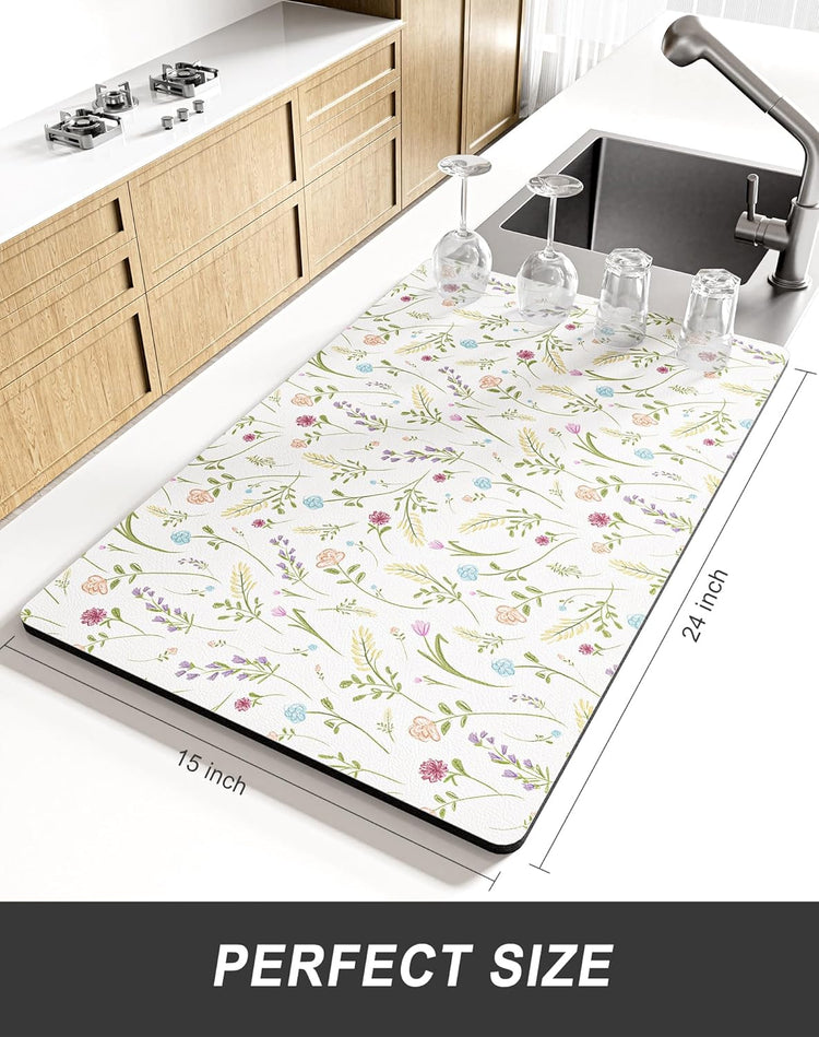Rnivvi Dish Drying Mat for Kitchen Counter, XL 15 x 24" Cute Flower Theme Absorbent Draining Pad, Non-Slip Heat Resistant Coffee Bar Mat for Coffee Machine Station Accessories, White Dish Rack Pad