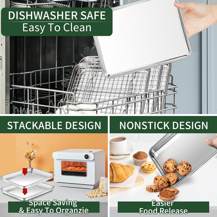 CEKEE Baking Sheet and Cooling Rack Set, 4PCS Stainless Steel Cookie Sheets for Baking with Baking Rack, Non Toxic & Heavy Duty & Easy Clean Baking Pan Tray for Toaster Oven, Size 18 x 12 x 1 Inch