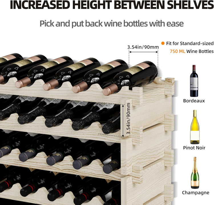 Modular Real Wood Wine Storage Racks - Stackable Wine Rack, Free Standing Floor Wooden Wine Rack, Premium Wine Storage Rack Elegant Display and Organizing for Kitchen and Cellar 8 Tier 72 Bottles