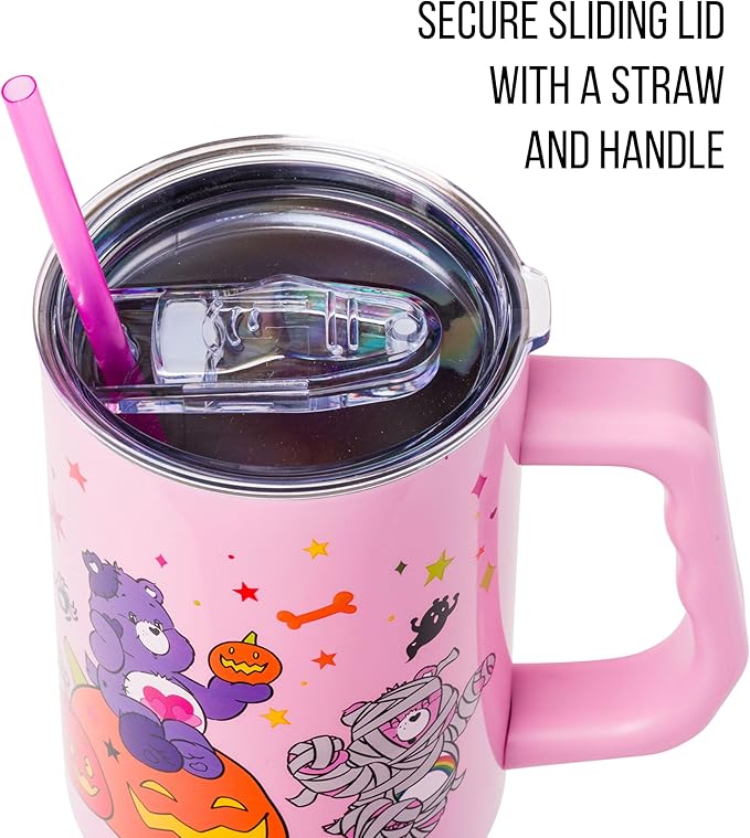 Silver Buffalo Care Bears Featuring Harmony Bear, Cheer, Share Bear, and Trick-or-Sweet Halloween Double Walled Stainless Steel Tumbler with Handle and Straw, Fits in Standard Cup Holder, 40 Ounces