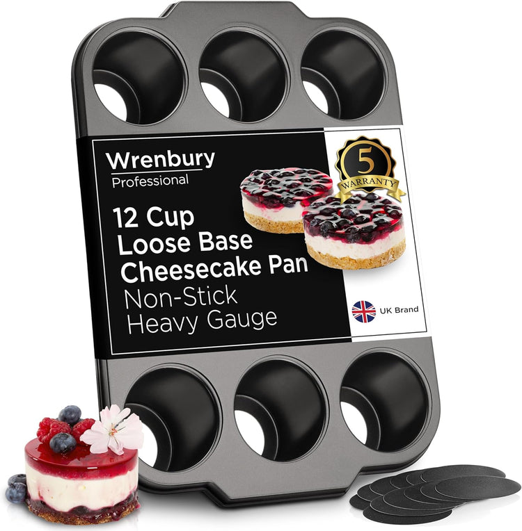 Wrenbury Pro Mini Cheesecake Pans Removable Bottom 12 Hole - Heavy Gauge Carbon Steel Muffin Cupcake Pan Loose Bottom Springform for Baking - 3 Inch Individual Cheesecakes Tin - PFOA Free