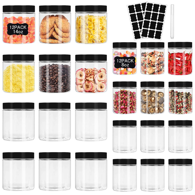 Plastic Jars with Lids 8 oz & 14 oz 24Pcs Clear Plastic Slime Storage Jars Containers with Airtight Leak Proof Black Screw On Lids Cylinder Clear Round Jar Food Grade Durable Jar (24 Count)