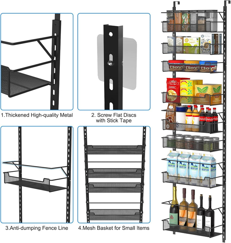 Over the Door Pantry Organizer, 8-Tier Over the Door Organizer with Adjustable Basket, Pantry Door Organization for Pantry Kitchen Storage Room Spice Rack, Black