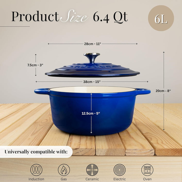 Nuovva Enamelled Cast Iron Dutch Oven Pot with Lid – 6.4 Quart Non Stick Casserole Pot – Heavy Duty & Oven Safe up to 500° F for Bread Baking, Braising, Stews, Roasting – 28cm Dark Blue - Nestoria