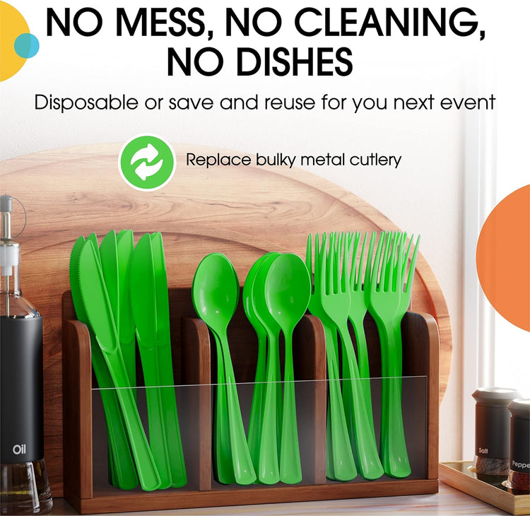 Party Solids Plastic Spoons - 200 Pcs Heavy Duty Lime Green Disposable Cutlery