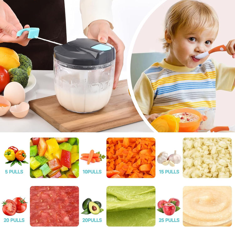 Manual Food Processor Vegetable Chopper, Portable Hand Pull String Garlic Mincer Onion Cutter for Veggies, Ginger, Fruits, Nuts, Herbs, etc., (900ml,Gray-blue)