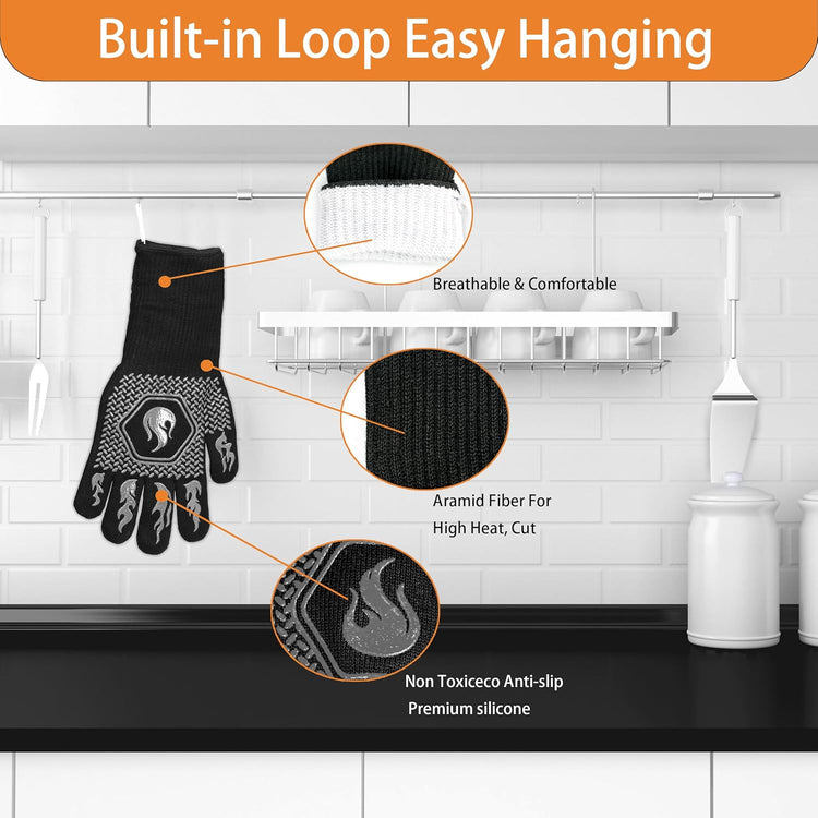 BBQ Fireproof Gloves, Grill Cut-Resistant Gloves 1472°F Heat Resistant Gloves, Non-Slip Silicone Oven Gloves, Kitchen Safe Cooking Gloves for Oven Mitts,Barbecue,Cooking, Frying,13.5 Inch-Grey