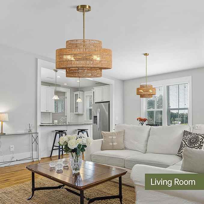 4-Light Boho Rattan Chandelier Light Fixture, 17.7” Hand Woven Rustic Chandeliers Farmhouse Chandelier Hanging Light for Dining Room Kitchen Island, Living Room, Foyer