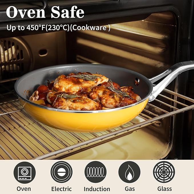 7-Piece Ceramic Nonstick Cookware Set with Lids - PFAS/PTFE/PFOA Free, Interior & Exterior Ceramic Coating -Easy to Clean- Kitchen Storage-All Stovetop Compatible & Oven-Safe up to 480°F