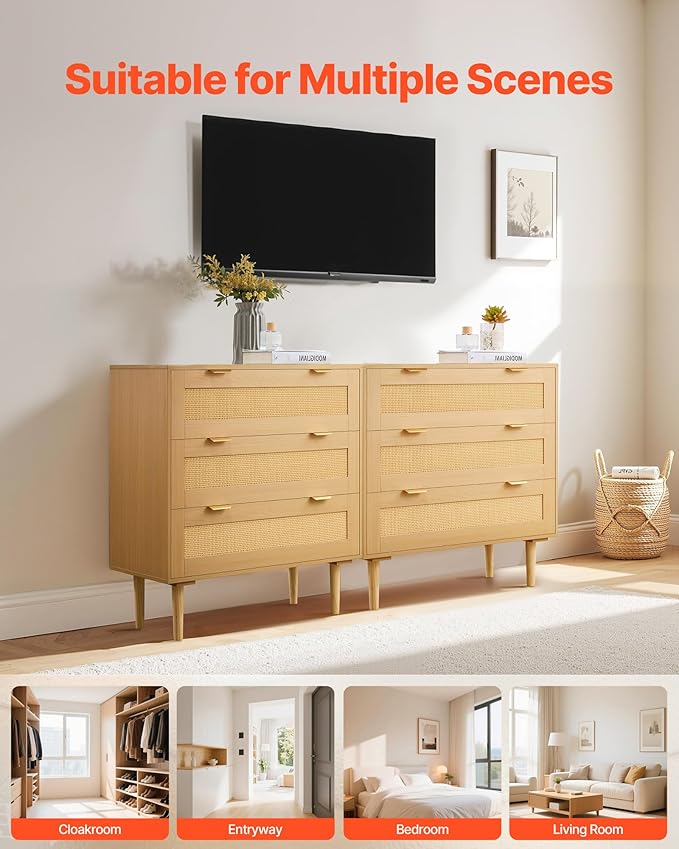 VEVOR 3 Drawer Rattan Dresser, Small Boho Dresser for Bedroom, 31.5" Wide Chest of Drawers with Metal Handles & Wooden Legs, Wood Clothing Storage Closet for Living Room, Hallway, Natural Oak