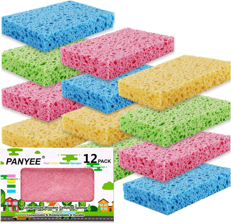 Compressed Cellulose Kitchen Sponges 12Pack,Non-Scratch Biodegradable Natural Colorful Sponge Scrub for Dishes Cleaning,Funny DIY Sponge for Kids