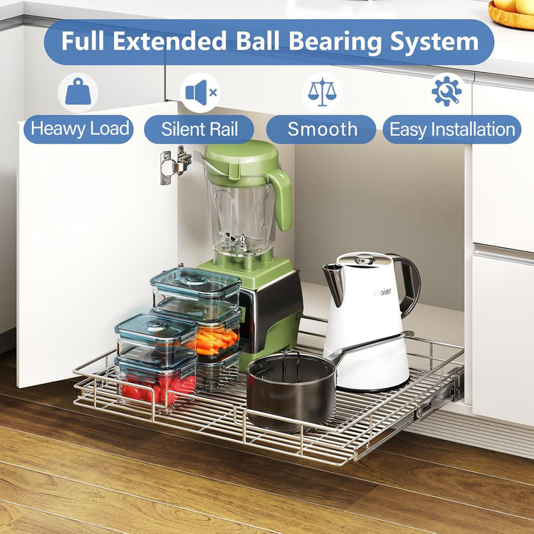 ROOMTEC Pull Out Cabinet Organizer, Slide Out Shelves 31" W x 21" D, Heavy Duty Kitchen Cabinet Organizers, Neutral