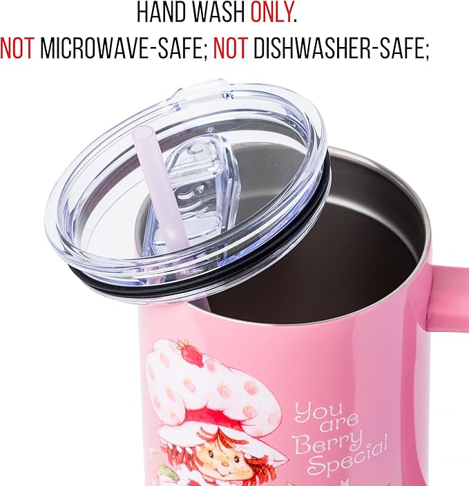 Silver Buffalo Strawberry Shortcake You Are Berry Special Vintage Berry Pink Double Walled Stainless Steel Tumbler with Handle and Straw, Fits in Standard Cup Holder, 40 Ounces
