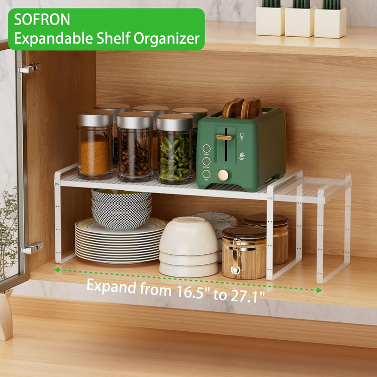 Expandable Cabinet Storage Shelf Stackable Organizer Rack for Kitchen Bathroom Pantry Spice Cupboard Coffee Countertop Home Office Desk Heavy Duty Nonslip White Small 2 Packs