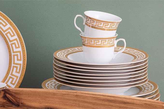Porcelain Dinnerware Set for 8 - Luxurious 49 Piece Dish Set - White and Gold Greek Key Design - Dinner Plates, Bowls, Cups and Saucers for Everyday Dishes or Formal Occasions (Meander Gold 2049)