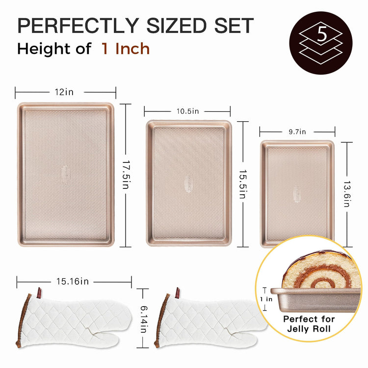 3 Pack Gold Nonstick Baking Sheet Pan Set with Oven Mitts Heat Resistant (5 Count)