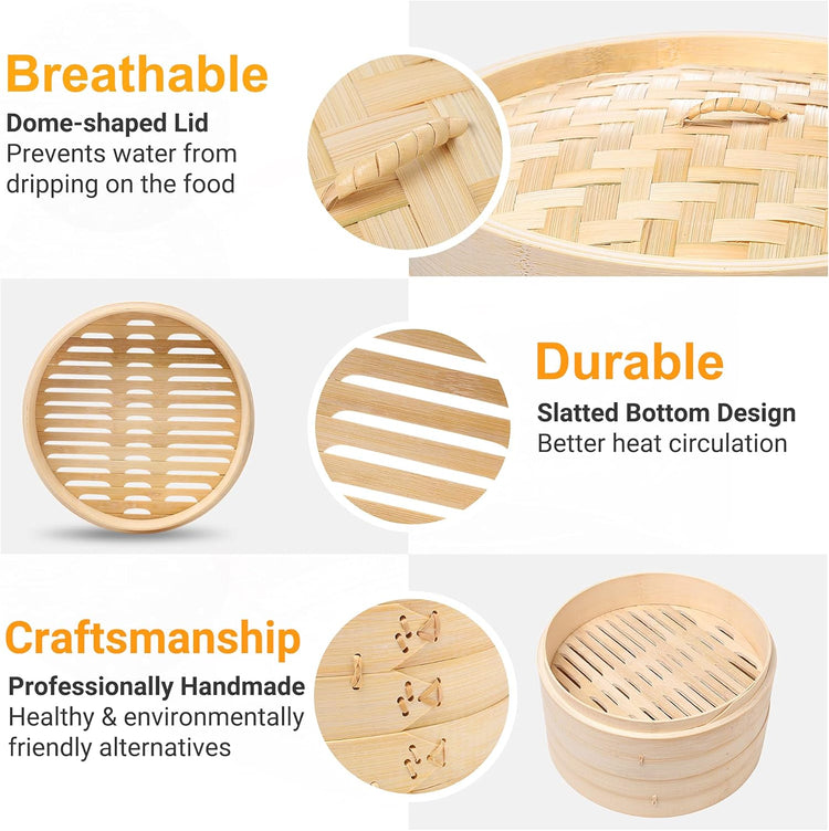 Bamboo Steamer - 2-Tier 10 Inch for Cooking Dim Sum, Momo, Rice - Chinese Basket for Bao Bun, Dumplings - Japanese Steaming