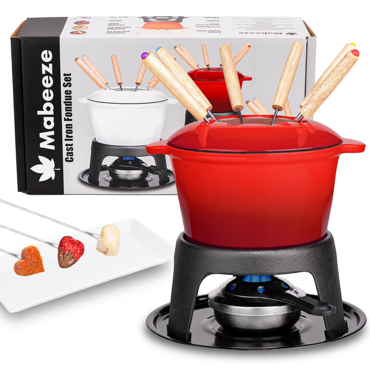 Cast Iron Fondue Pot Set Red Enameled 1.6 Qt for Cheese