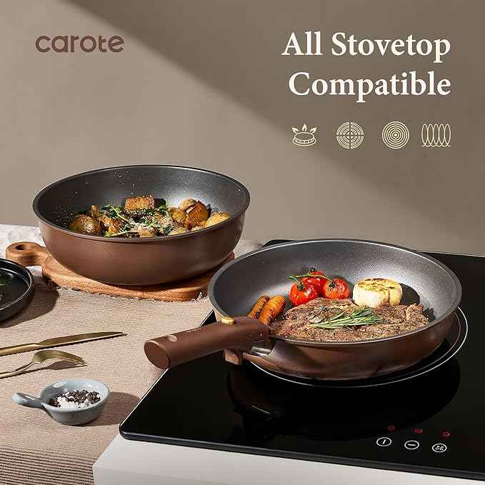 CAROTE 21pcs Pots and Pans Set, Nonstick Cookware Set Detachable Handle, Induction Kitchen Cookware Sets Non Stick with Removable Handle, RV Cookware Set, Oven Safe, Brown