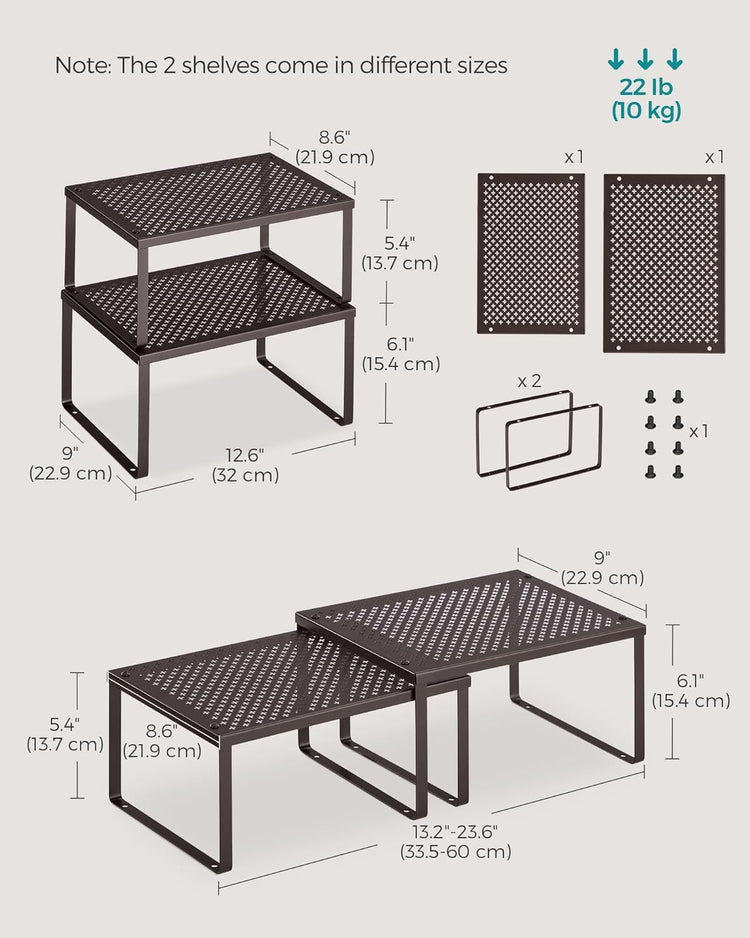 SONGMICS Spice Racks, Set of 4 Metal Cabinet Shelf Organizers, Countertop Organizers, Shelf Risers, Stackable, Expandable, Brown UKCS06BR