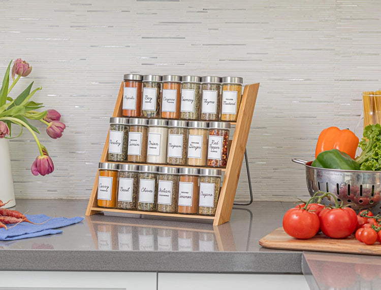 Orii 18 Jar Bamboo Compact Spice Organizer for Countertop and Kitchen Drawer, Filled with Spices, Program