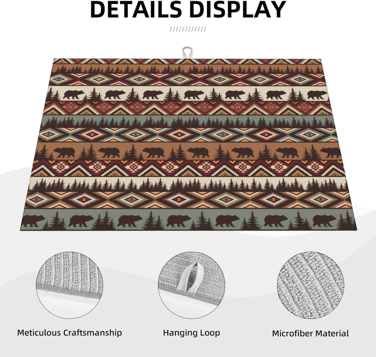 Bear Mountain Microfiber Dish Drying Mat for Kitchen Counter Vintage Rustic Dishes Pad Dish Drainer Rack Mats 18"x24" Absorbent Washable Reusable