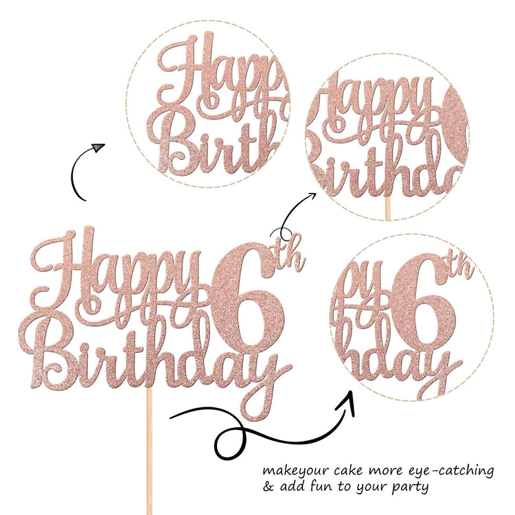 1 PCS Happy 6th Birthday Cake Topper Glitter Cheers to 6 Years Cake Pick Number 6 Fabulous Cake Decoration for 6th Birthday Party Decorations Supplies Rose Gold