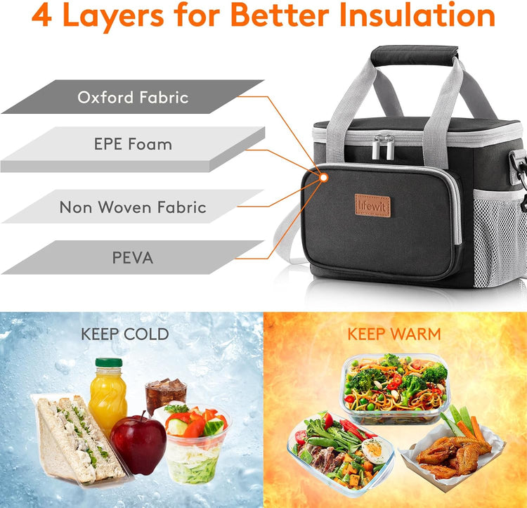 Lifewit Medium Lunch Bag Insulated Lunch Box Soft Cooler Cooling Tote for Adult Men Women, Gray and Black 12-Can (9L)