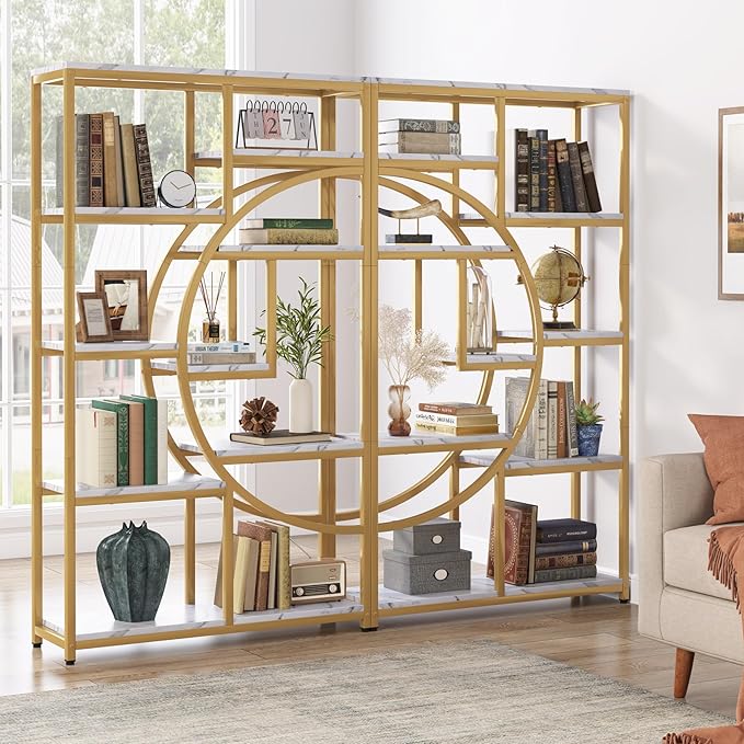 Tribesigns Bookshelf Industrial 5 Tier Etagere Bookcase, Freestanding Tall Bookshelves Display Shelf Storage Organizer with 9-Open Storage Shelf for Living Room, Bedroom, 2 Pack (Gold, 2 Pack)