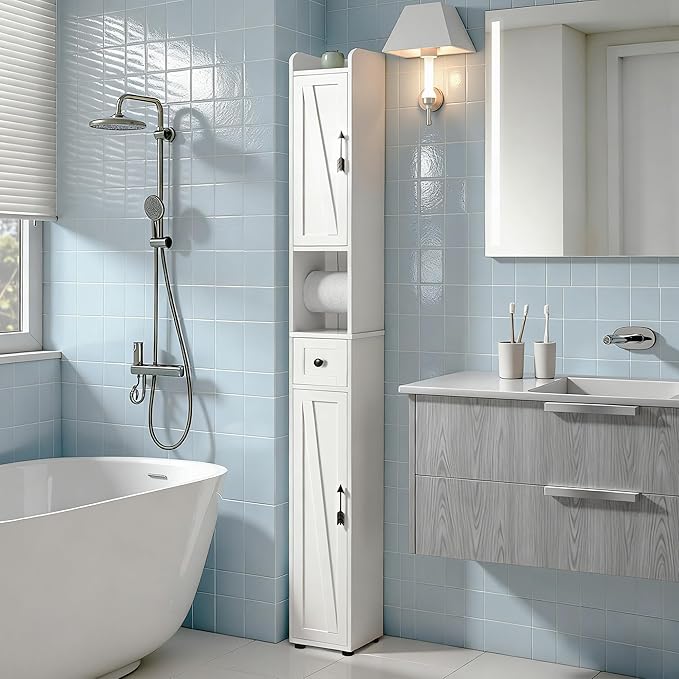 VECELO Narrow Bathroom Storage Cabinet, Tall Cabinet with Adjustable Shelves & Toilet Paper Holder & Drawer, Slim Freestanding Floor Cabinets with Magnetic Door for Small Spaces, White