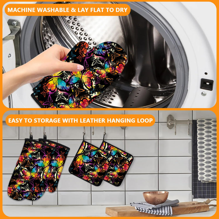 Colorful Butterfly Oven Mitts and Pot Holders Sets 4Pcs