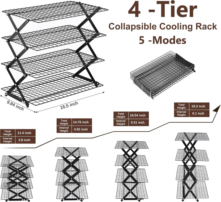 Pleafind 4 Tier Collapsible Cooling Rack - 3 Setting Design, Adjustable & Stackable Baking Rack, 5 Modes Cooling Racks for Cooking and Baking, Roasting & Grilling Gifts for Picnic Party