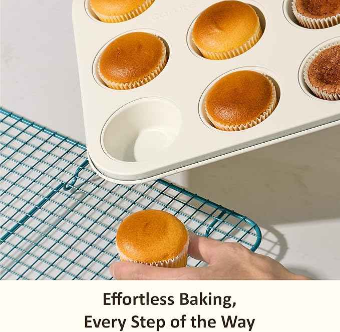CAROTE 6-Piece Nonstick Ceramic Baking Pans Set - Bakeware Sets Including Cookie Sheets for Baking, Muffin Pan, Bread Pan, Cake pan, Loaf Pan, Cooling Rack, Light Blue & Cream White